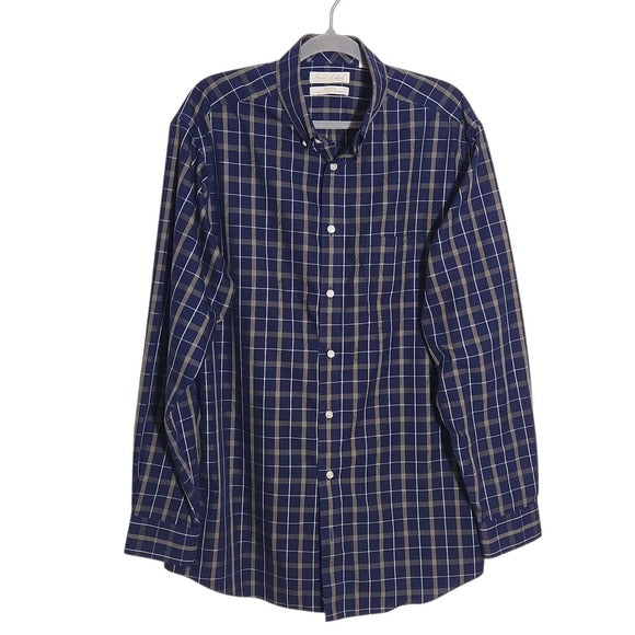 Roundtree & Yorke Navy Plaid Button Down Shirt Size Large Tall