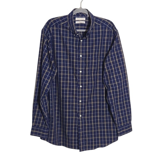 Roundtree & Yorke Navy Plaid Button Down Shirt Size Large Tall