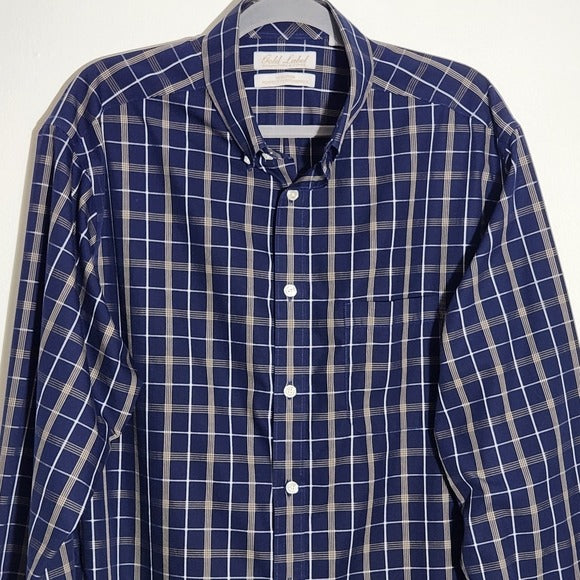 Roundtree & Yorke Navy Plaid Button Down Shirt Size Large Tall