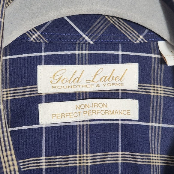 Roundtree & Yorke Navy Plaid Button Down Shirt Size Large Tall