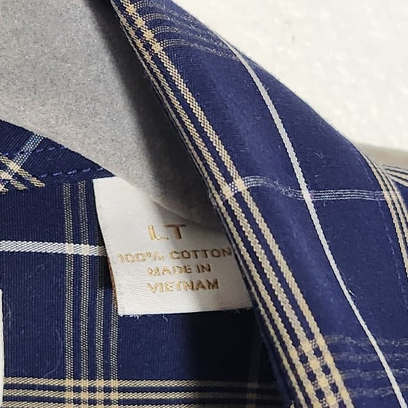 Roundtree & Yorke Navy Plaid Button Down Shirt Size Large Tall