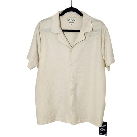 BoohooMAN Mens Cream Ribbed Button-Down Shirt Size Large NWT