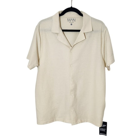 BoohooMAN Mens Cream Ribbed Button-Down Shirt Size Large NWT