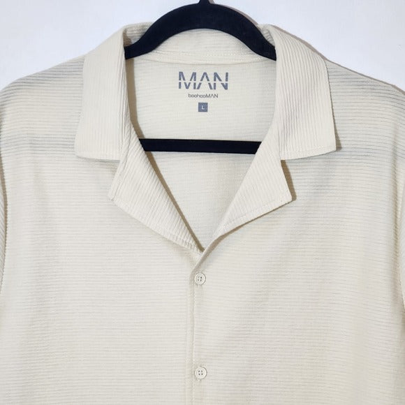BoohooMAN Mens Cream Ribbed Button-Down Shirt Size Large NWT