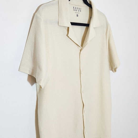 BoohooMAN Mens Cream Ribbed Button-Down Shirt Size Large NWT