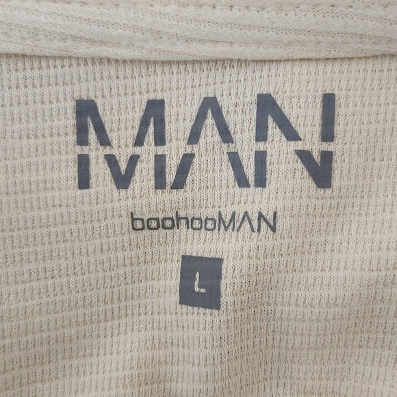 BoohooMAN Mens Cream Ribbed Button-Down Shirt Size Large NWT