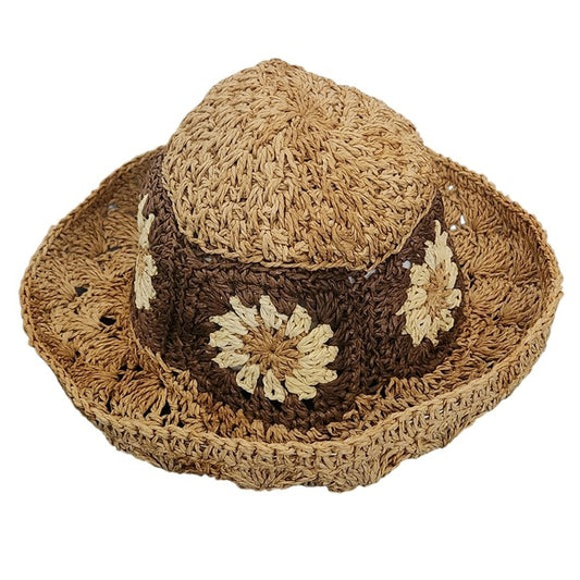 Women's Crochet Bucket Hat One Size Women's Brown Woven Sun Hat