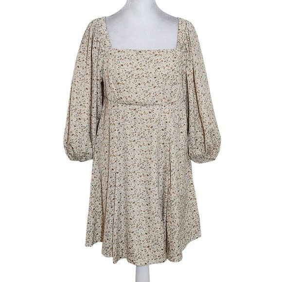 She + Sky Cream Floral Mini Dress with Full Sleeves Sz Small Wedding Guest Dress