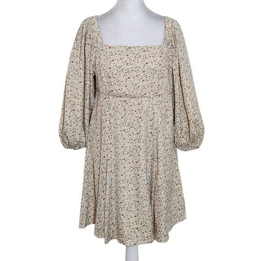 She + Sky Cream Floral Mini Dress with Full Sleeves Sz Small Wedding Guest Dress