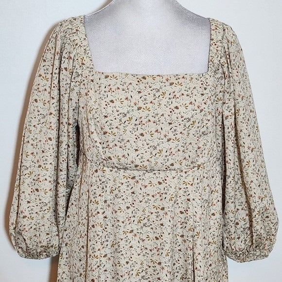She + Sky Cream Floral Mini Dress with Full Sleeves Sz Small Wedding Guest Dress