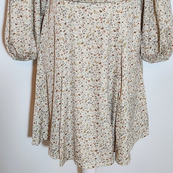 She + Sky Cream Floral Mini Dress with Full Sleeves Sz Small Wedding Guest Dress