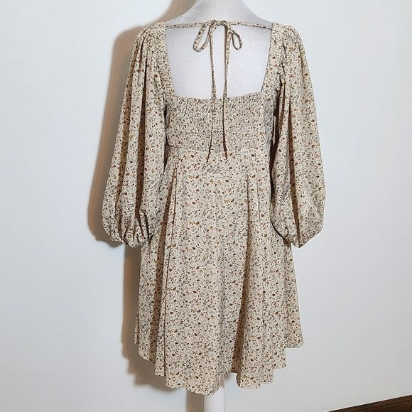 She + Sky Cream Floral Mini Dress with Full Sleeves Sz Small Wedding Guest Dress