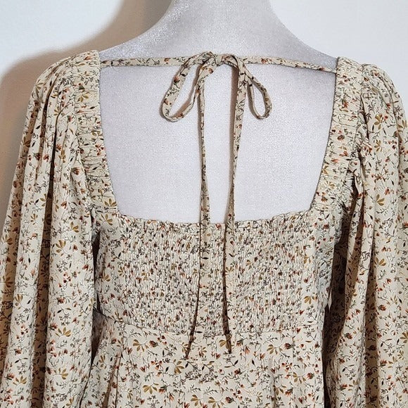 She + Sky Cream Floral Mini Dress with Full Sleeves Sz Small Wedding Guest Dress
