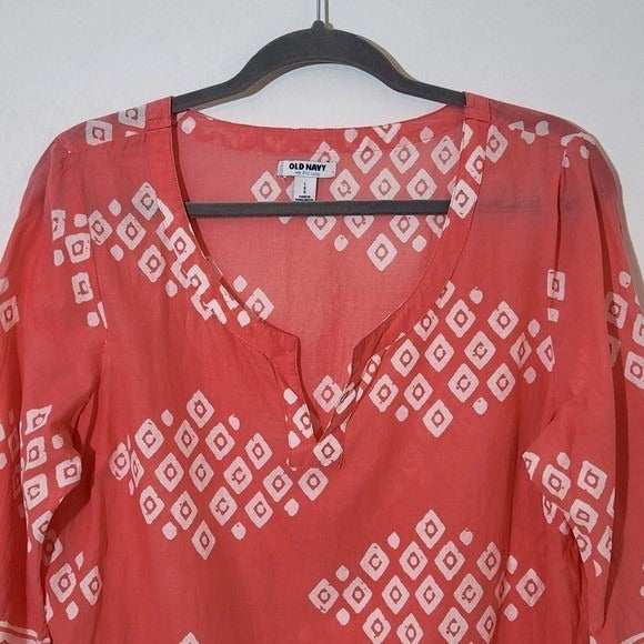 Old Navy Coral Pink Cotton Tunic Blouse Size Large Coral Print Tunic