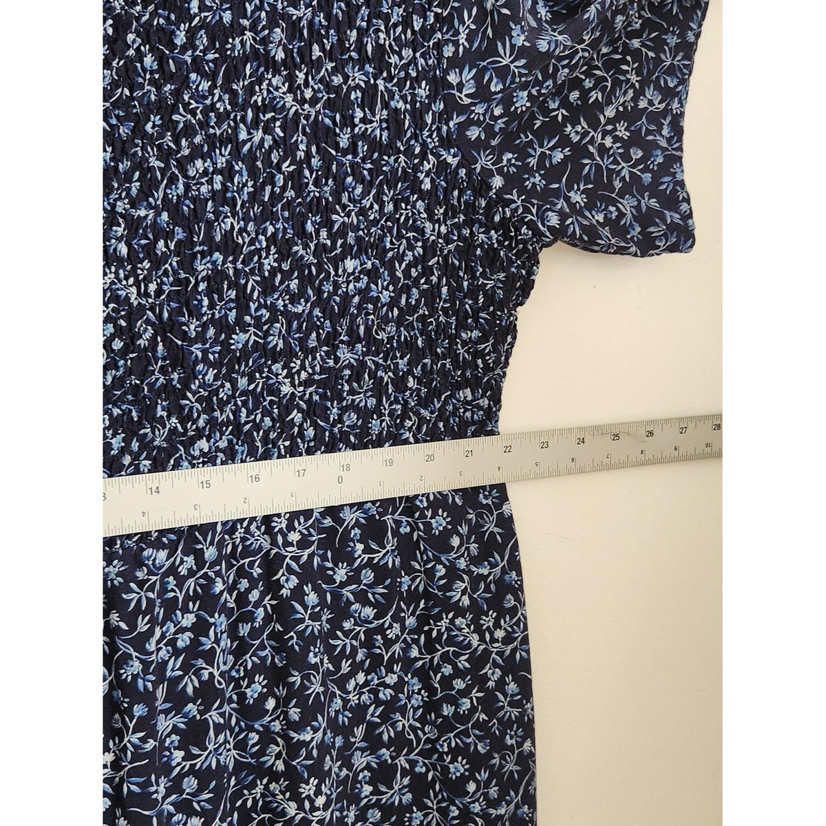 Connected Apparel Navy Floral Smocked Midi Dress with Padded Shoulders Size 18W