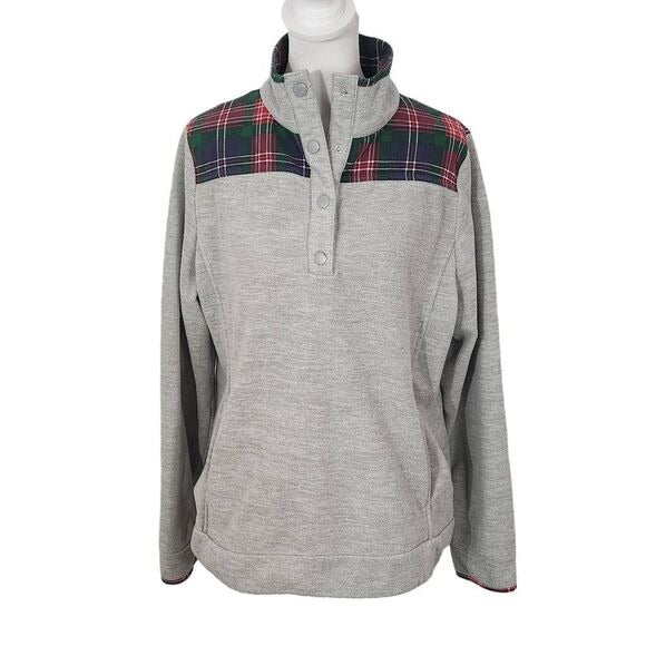 Crown & Ivy Gray Tartan Plaid Fleece Pullover Size Large Plaid Preppy Pullover