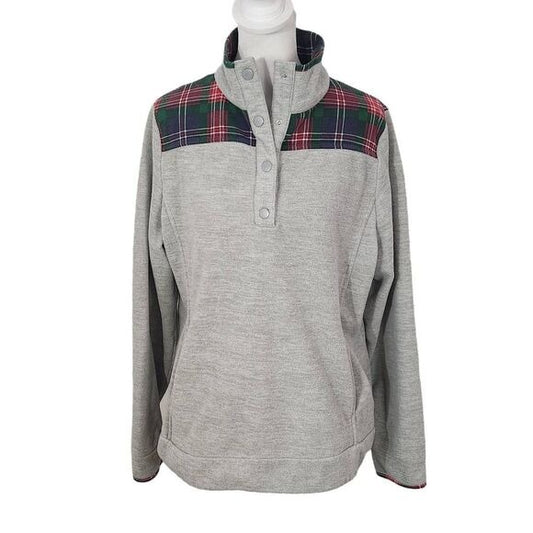 Crown & Ivy Gray Tartan Plaid Fleece Pullover Size Large Plaid Preppy Pullover