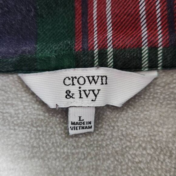 Crown & Ivy Gray Tartan Plaid Fleece Pullover Size Large Plaid Preppy Pullover