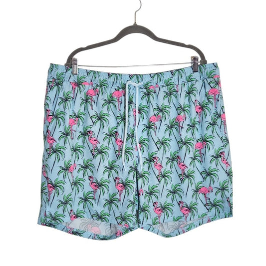 George Blue and Pink Flamingo Print Swim Trunks Size 2XL 5" Inseam