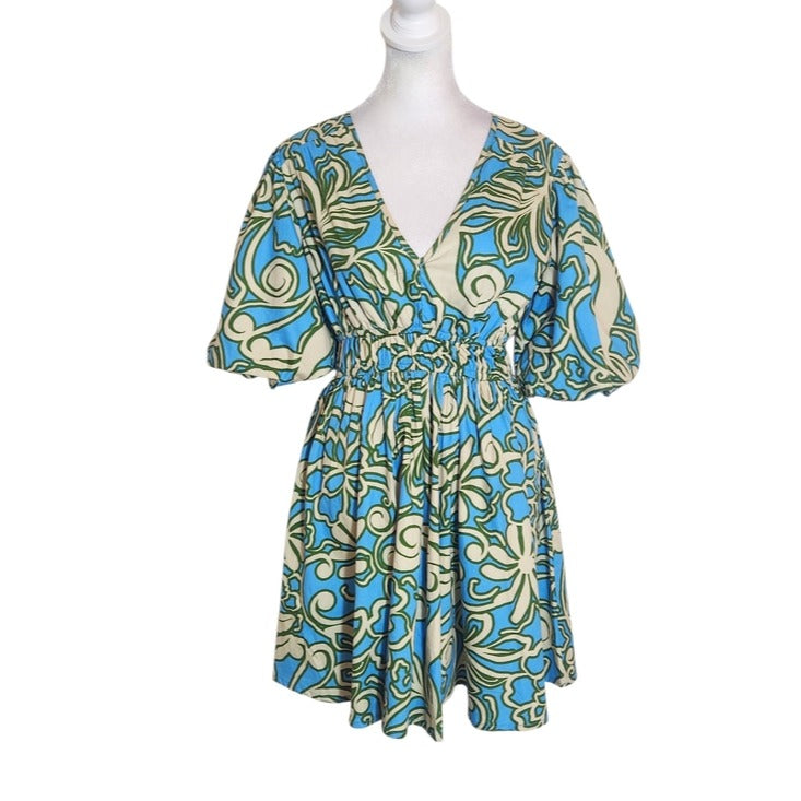 Sincerely Jules Blue and Cream Print Mini Dress Size Small Wedding Guest Dress