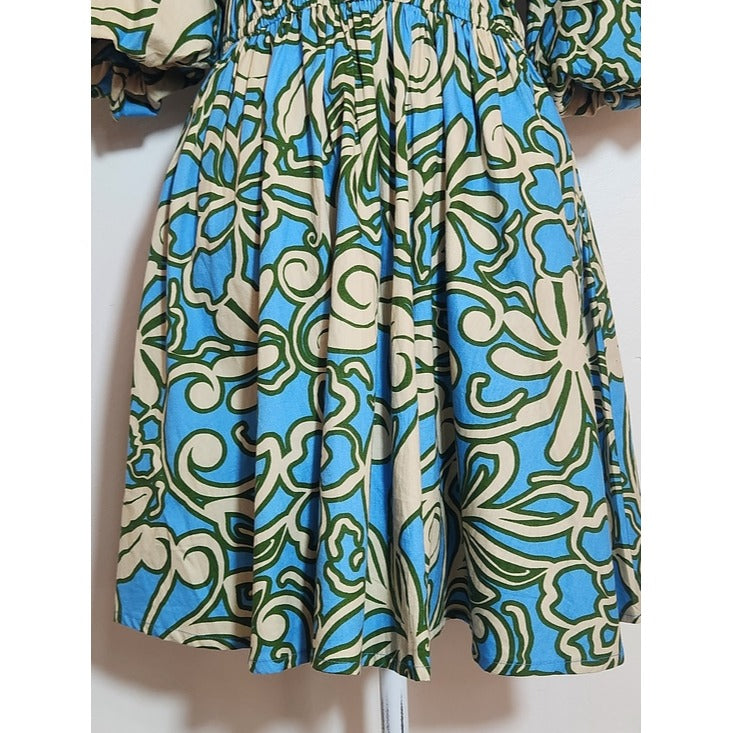 Sincerely Jules Blue and Cream Print Mini Dress Size Small Wedding Guest Dress