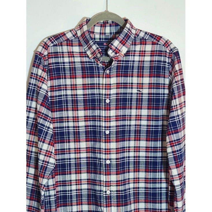 Vineyard Vines Red and Navy Plaid Button Down Shirt Size Medium