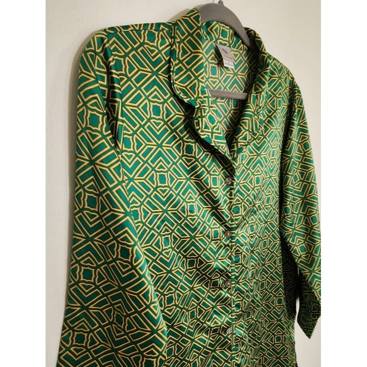 Natori Green and Yellow Geometric Print Sleep Shirt Tunic Size Small