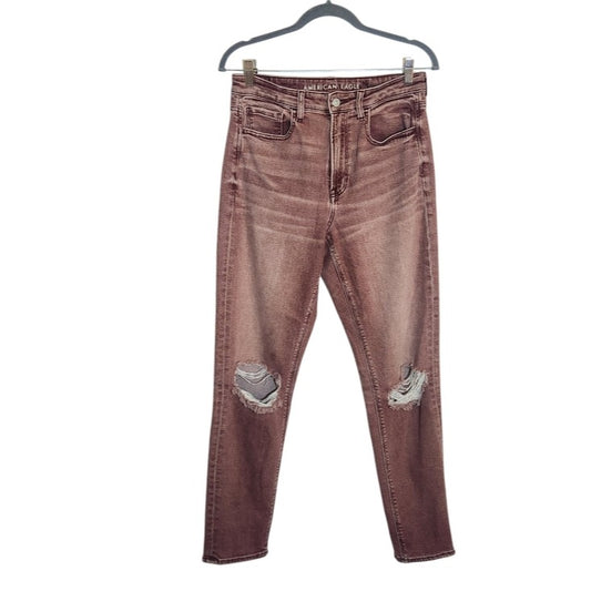 American Eagle Burgundy Pink Dyed Distressed Jeans Size 8 Long