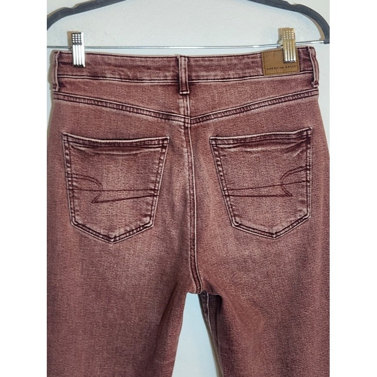 American Eagle Burgundy Pink Dyed Distressed Jeans Size 8 Long