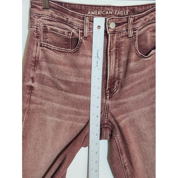 American Eagle Burgundy Pink Dyed Distressed Jeans Size 8 Long