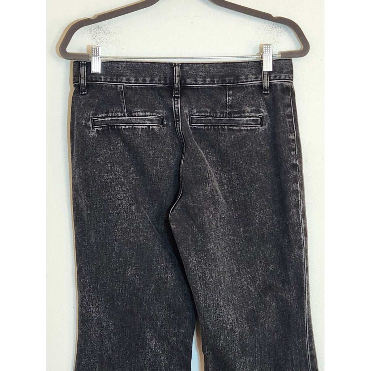 Express Black Denim 70s Flare Jeans Mid Rise Distressed Size 6 Short