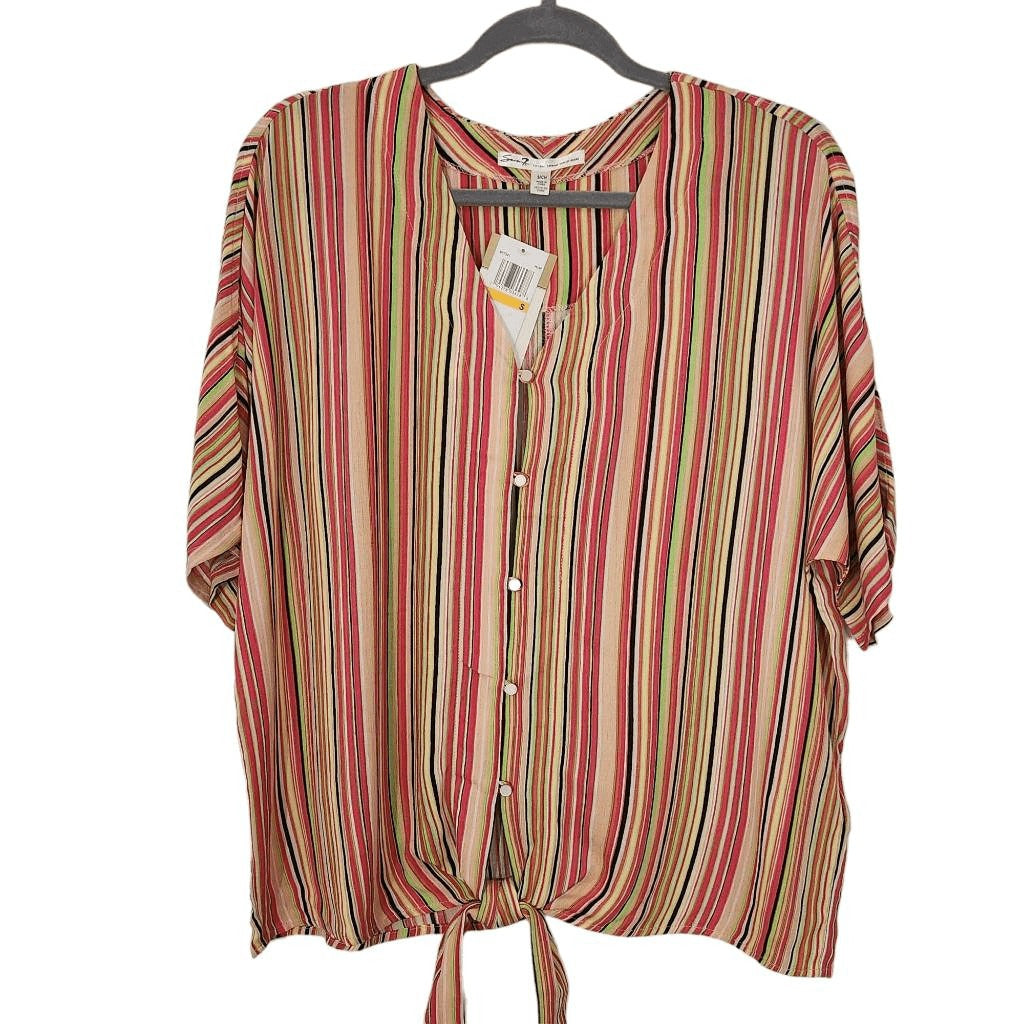 Seven7 Striped Button Down Top NWT Size Small Striped Pink and Green Blouse