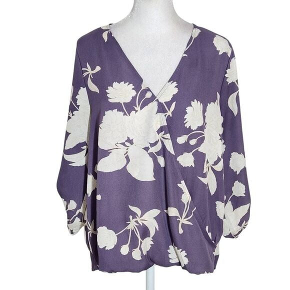 West Kei Purple Floral Blouse with Wrap Look and Roll-Tab Sleeves Size Small