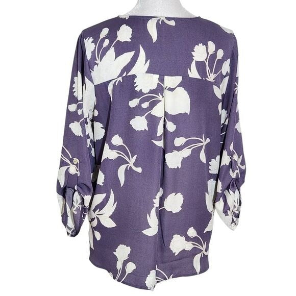 West Kei Purple Floral Blouse with Wrap Look and Roll-Tab Sleeves Size Small