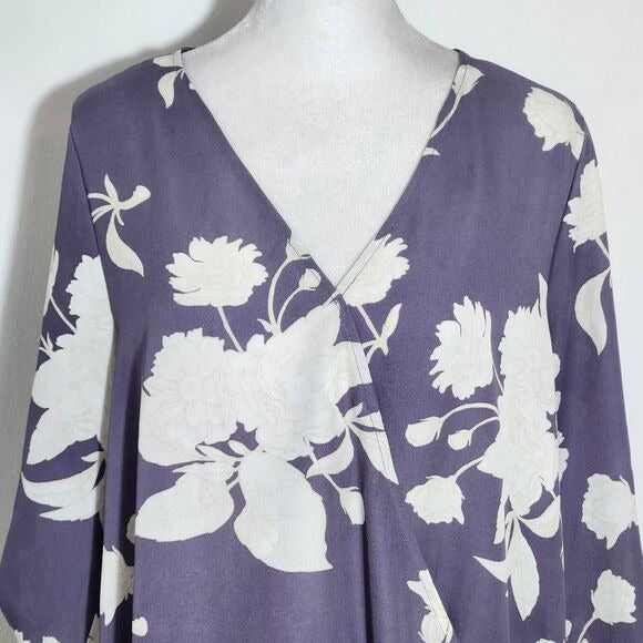 West Kei Purple Floral Blouse with Wrap Look and Roll-Tab Sleeves Size Small