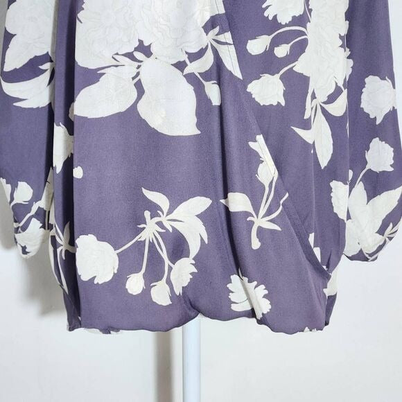 West Kei Purple Floral Blouse with Wrap Look and Roll-Tab Sleeves Size Small