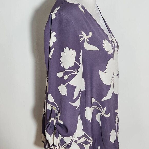 West Kei Purple Floral Blouse with Wrap Look and Roll-Tab Sleeves Size Small