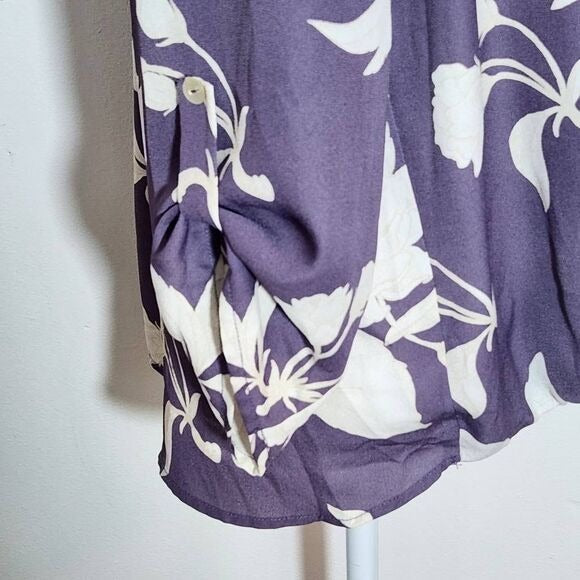 West Kei Purple Floral Blouse with Wrap Look and Roll-Tab Sleeves Size Small