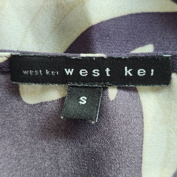 West Kei Purple Floral Blouse with Wrap Look and Roll-Tab Sleeves Size Small