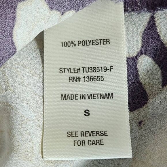 West Kei Purple Floral Blouse with Wrap Look and Roll-Tab Sleeves Size Small
