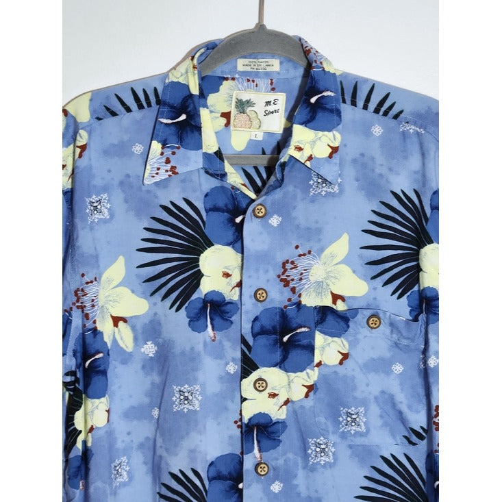 M.E. Sport Blue Floral Hawaiian Short Sleeve Shirt Size Large