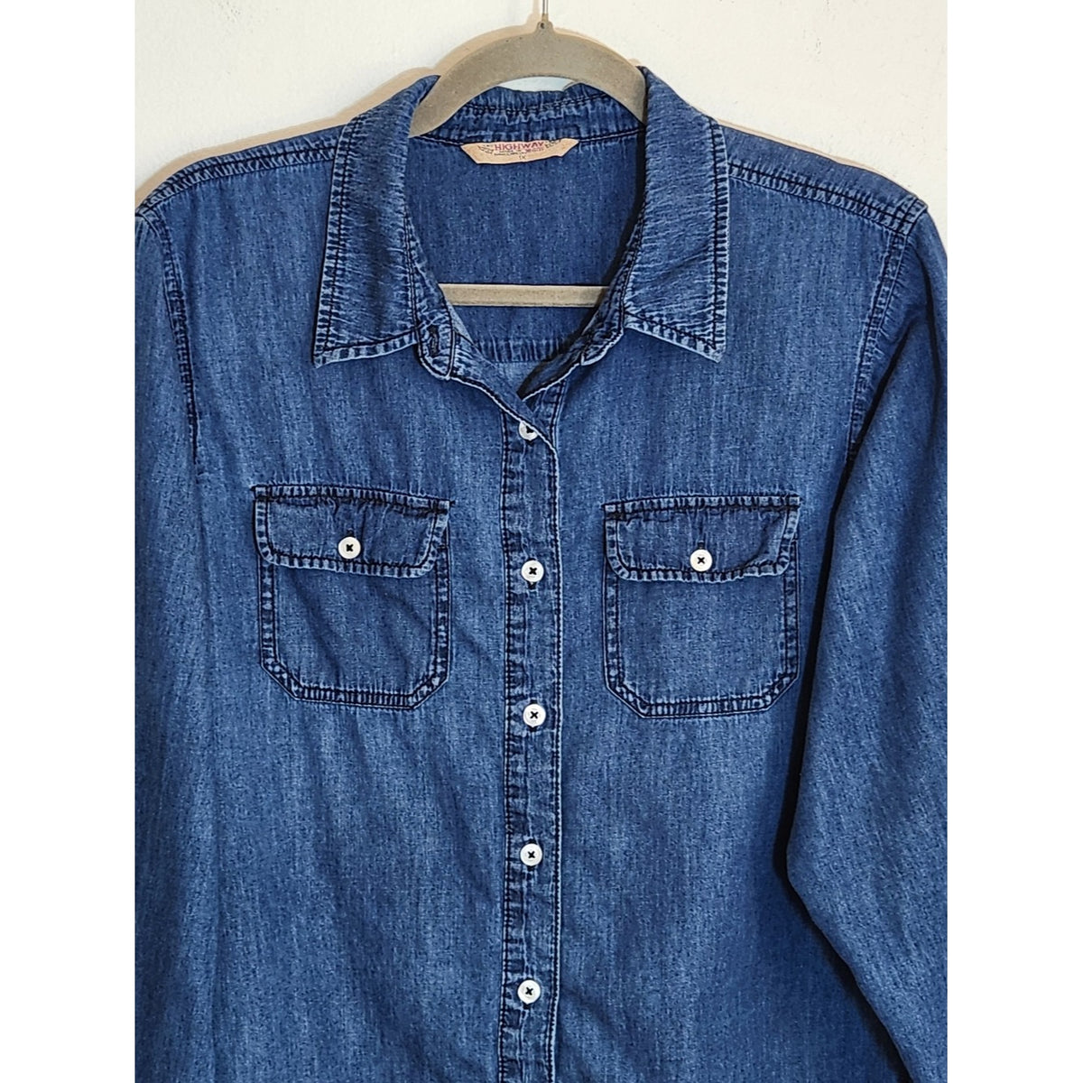 Highway Jeans Blue Chambray Button Up Boxy Shirt Size 1X Flaw