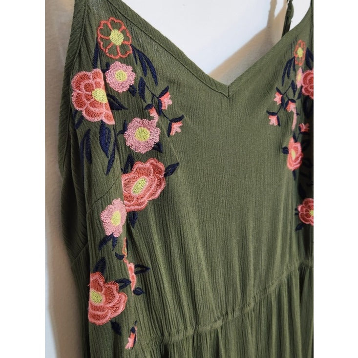 Kelly Renee Olive Green Embroidered Boho Maxi Dress Size XL