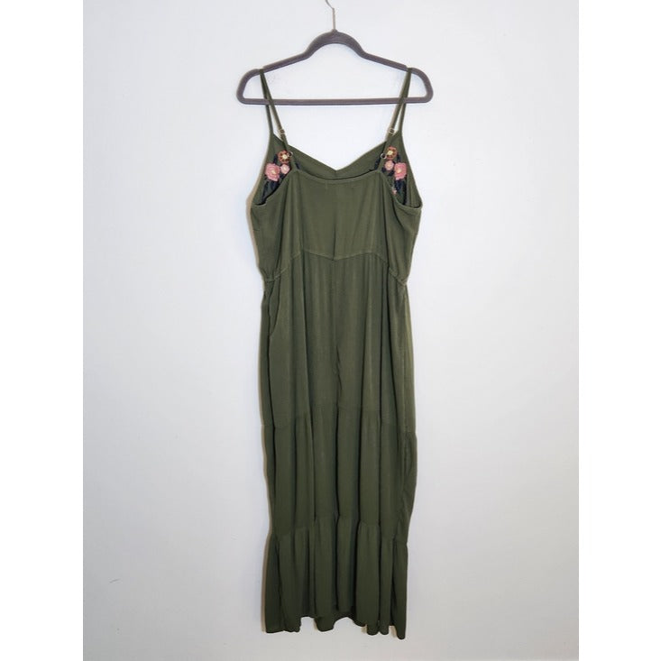 Kelly Renee Olive Green Embroidered Boho Maxi Dress Size XL