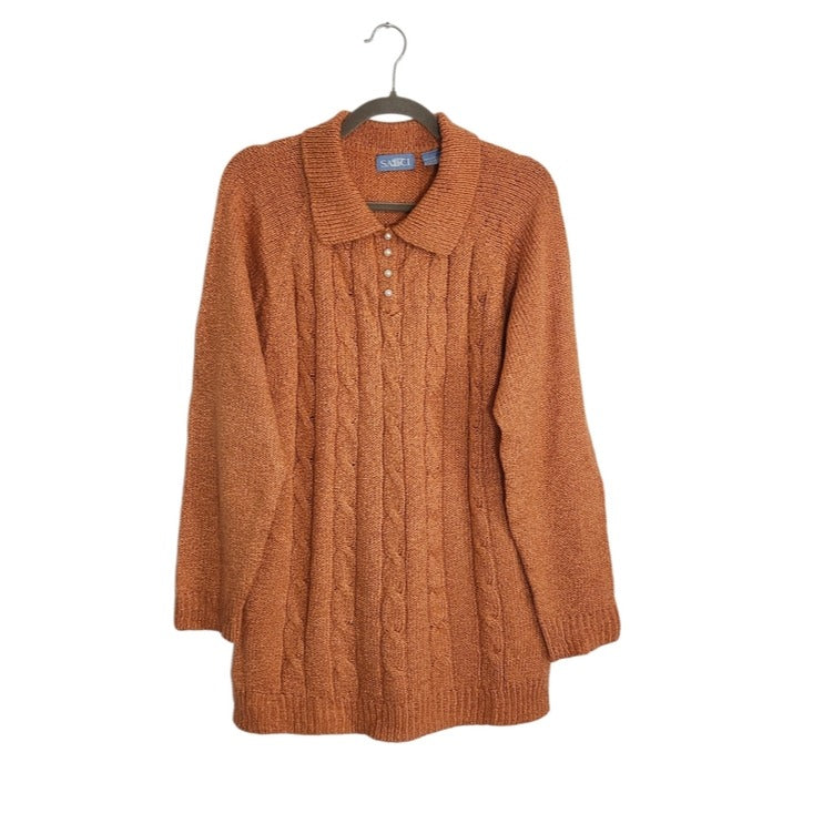Sauci Orange Knit Sweater Tunic with Faux Pearl Buttons Size Large