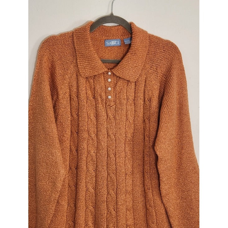 Sauci Orange Knit Sweater Tunic with Faux Pearl Buttons Size Large
