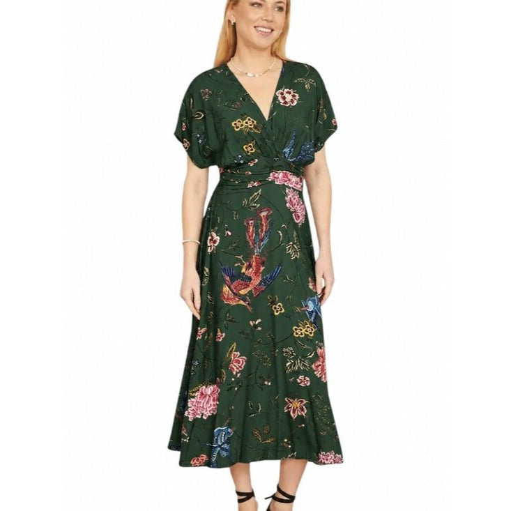 Yumi Green Floral Ruched Waist Midi Dress Size 8 Wedding Guest Dress