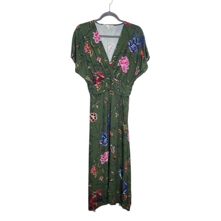 Yumi Green Floral Ruched Waist Midi Dress Size 8 Wedding Guest Dress
