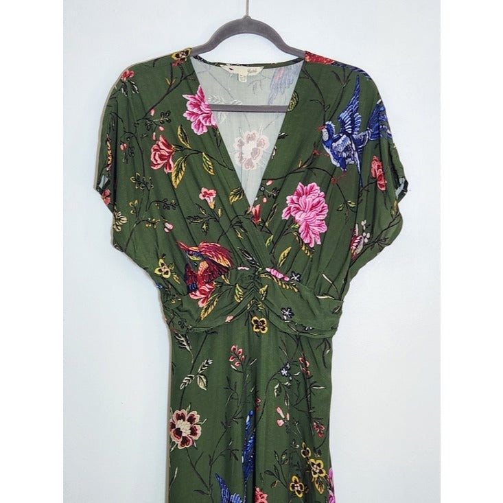 Yumi Green Floral Ruched Waist Midi Dress Size 8 Wedding Guest Dress