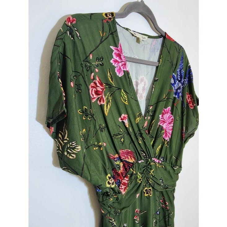 Yumi Green Floral Ruched Waist Midi Dress Size 8 Wedding Guest Dress